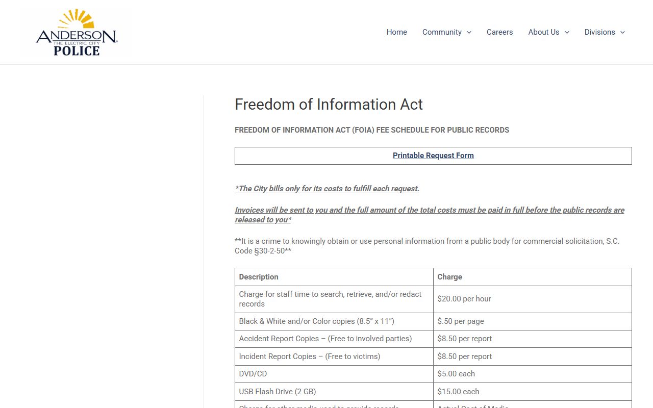 Anderson Police Department public records request process