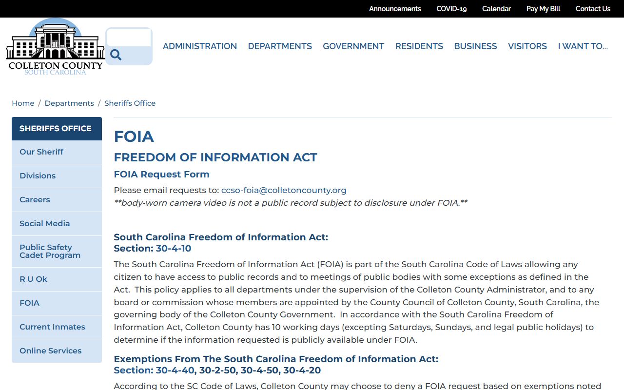 Colleton County Sheriff's Office FOIA information