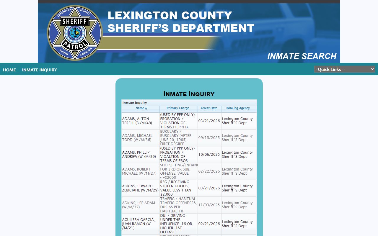 Lexington County Sheriff's Office website for police blotter records