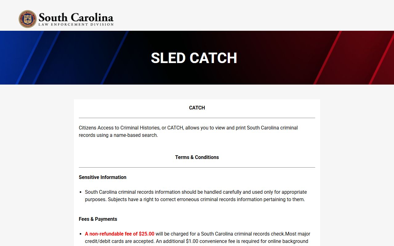 SLED CATCH system for accessing South Carolina criminal history records