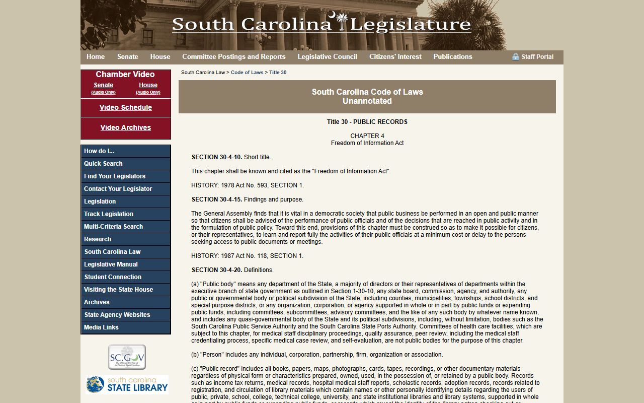 South Carolina Freedom of Information Act public records access page